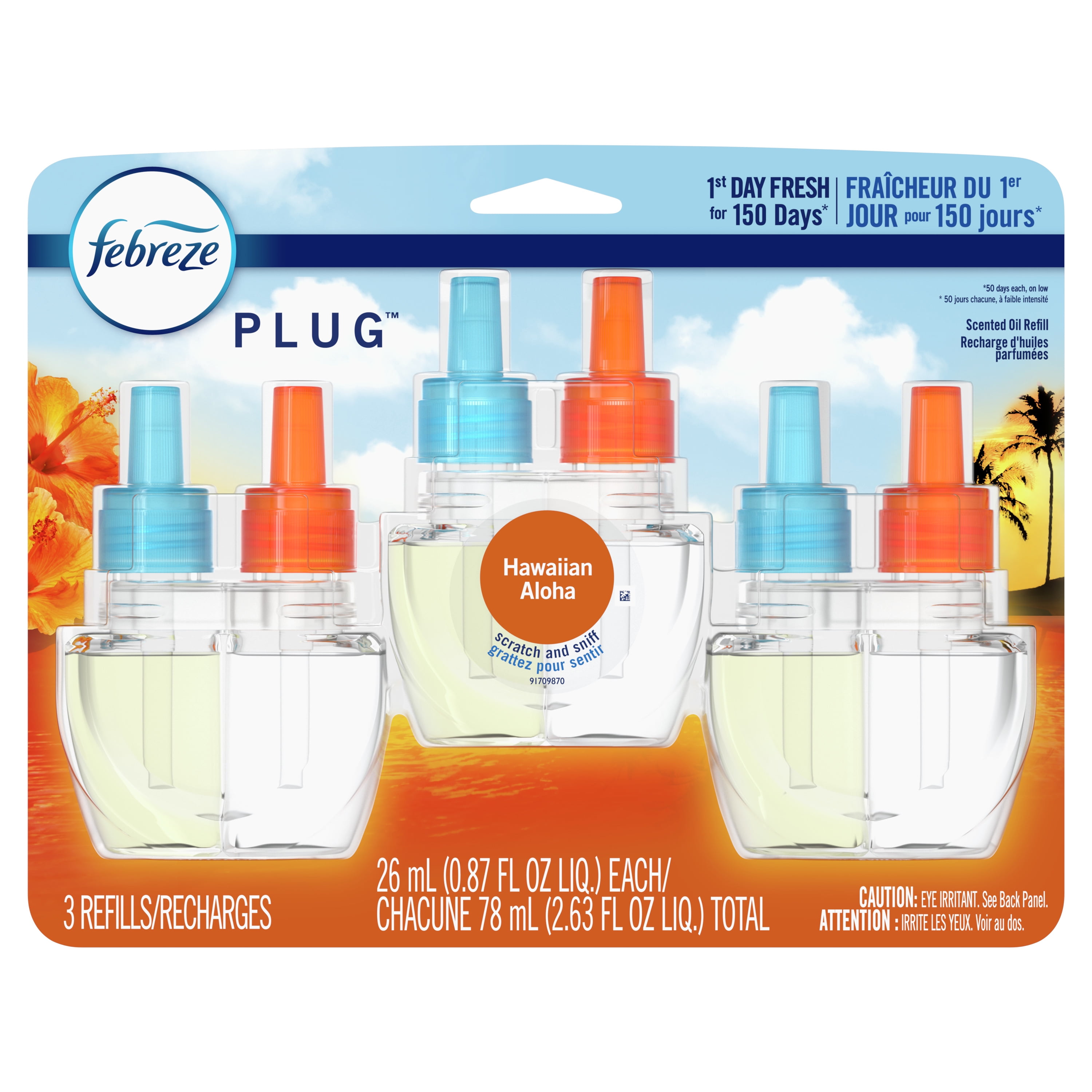Febreze Odor-Eliminating Fade Defy PLUG Air Freshener Oil Refill, Hawaiian Aloha, (3) .87 Fl Oz Oil Refills