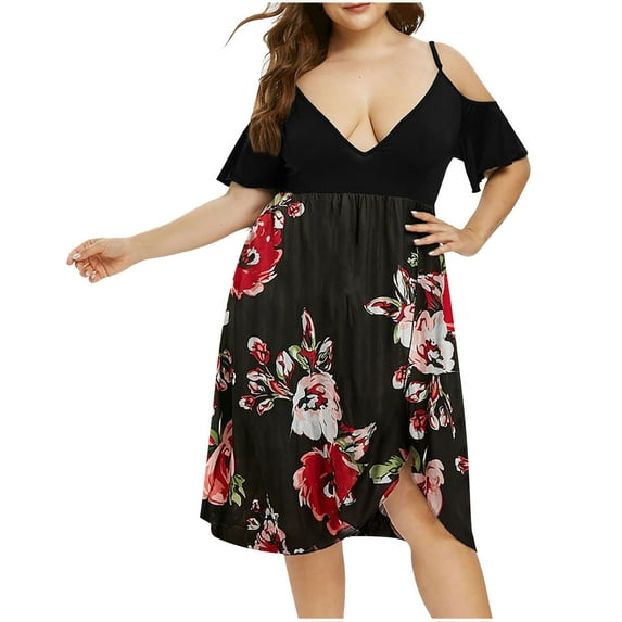 Bigersell Work Dresses for Women Plus Size V-Neck Floral Print Short Sleeve Boho Dress Party Dress Party Dresses for Female 2022 Women A-Line Dresses, Style 36180, Red XL