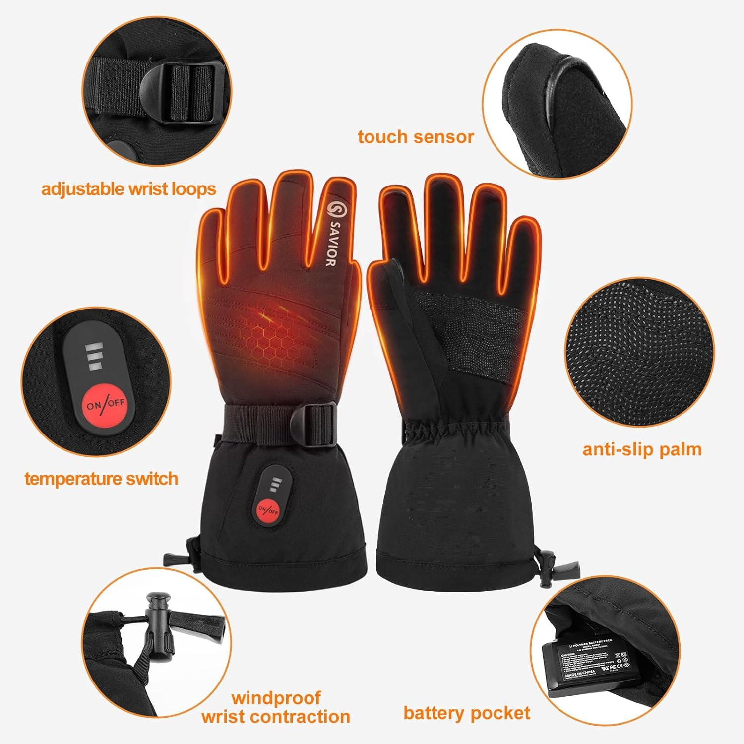 SAVIOR HEAT Heated Gloves for Men & Women - 3 Heat Levels, Rechargeable 7.4V 2200mAh, Touchscreen Water-Resistant, Ideal for Skiing, Snowboarding, Hiking, Outdoor Work