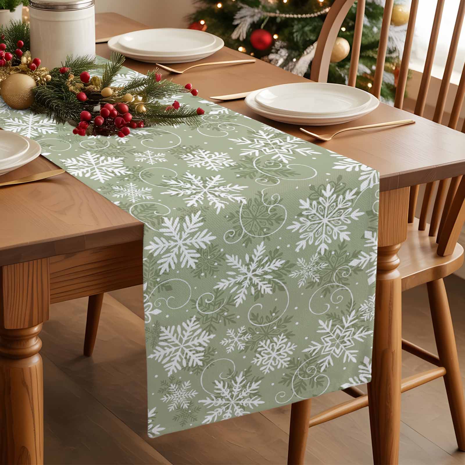 Table Runner Dresser Scarves 90 Inch Long,Sage Green Christmas Snowflake Linen Dining Table Runners