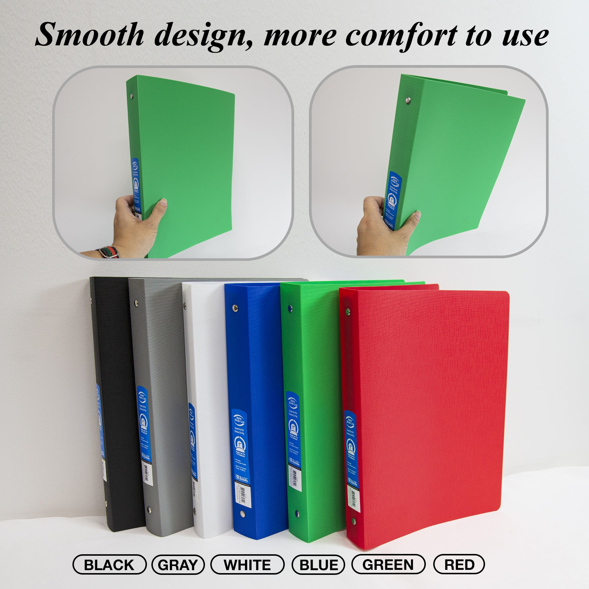 BAZIC 3 Ring Binder 1" Poly Binders Matte Color Soft Cover, 175 Sheets, 6-Count