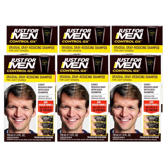 Just for Men Control GX Grey Reducing Shampoo for Lighter Shades of Hair, for Dark Blond to Medium Brown, 4 Fl Oz - 6 Pack