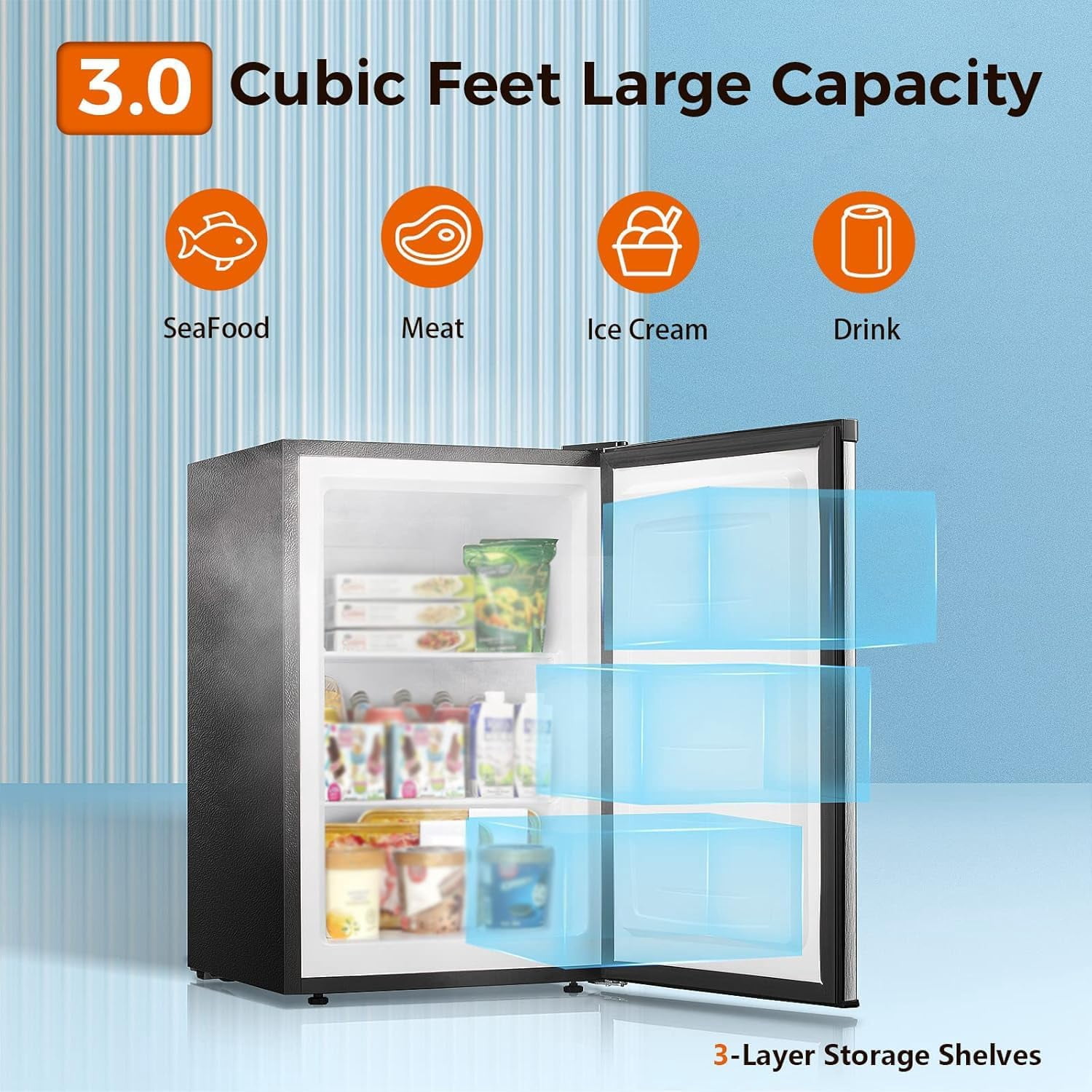 3.0 Cu.ft Upright Mini Freezer Black, Reversible Door, Adjustable Thermostat 7 Levels, Removable Shelves for Home Dorms Apartment Office