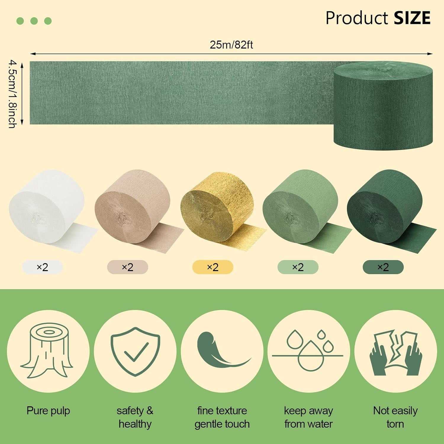 10 Rolls Crepe Paper Streamers 820ft, 5 Colors Green Sage Streamers Gold White and Brown Crepe Paper Streamer Baby Shower Decoration for Jungle Woodland Boho Wedding Birthday Party Supplies