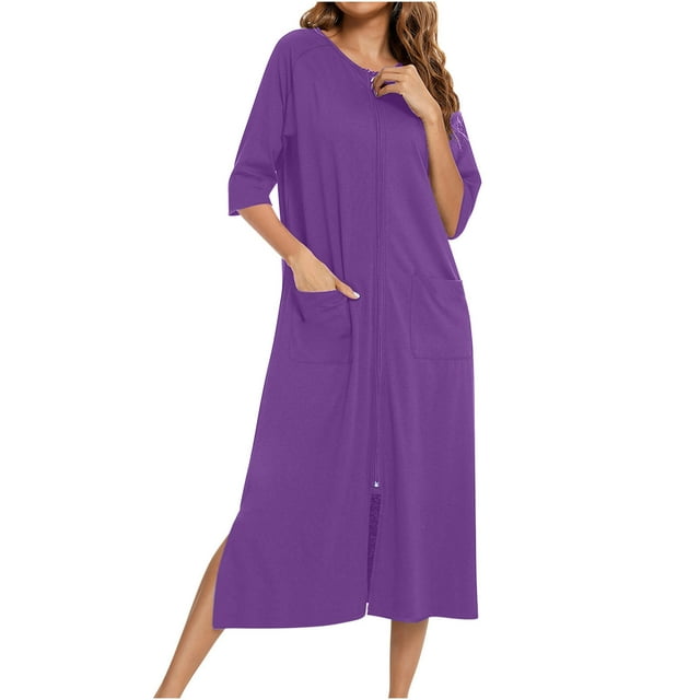 Batas de invierno para mujer, camisón cálido y camisón de invierno con cremallera y bolsillos, pijama holgado para mujer.