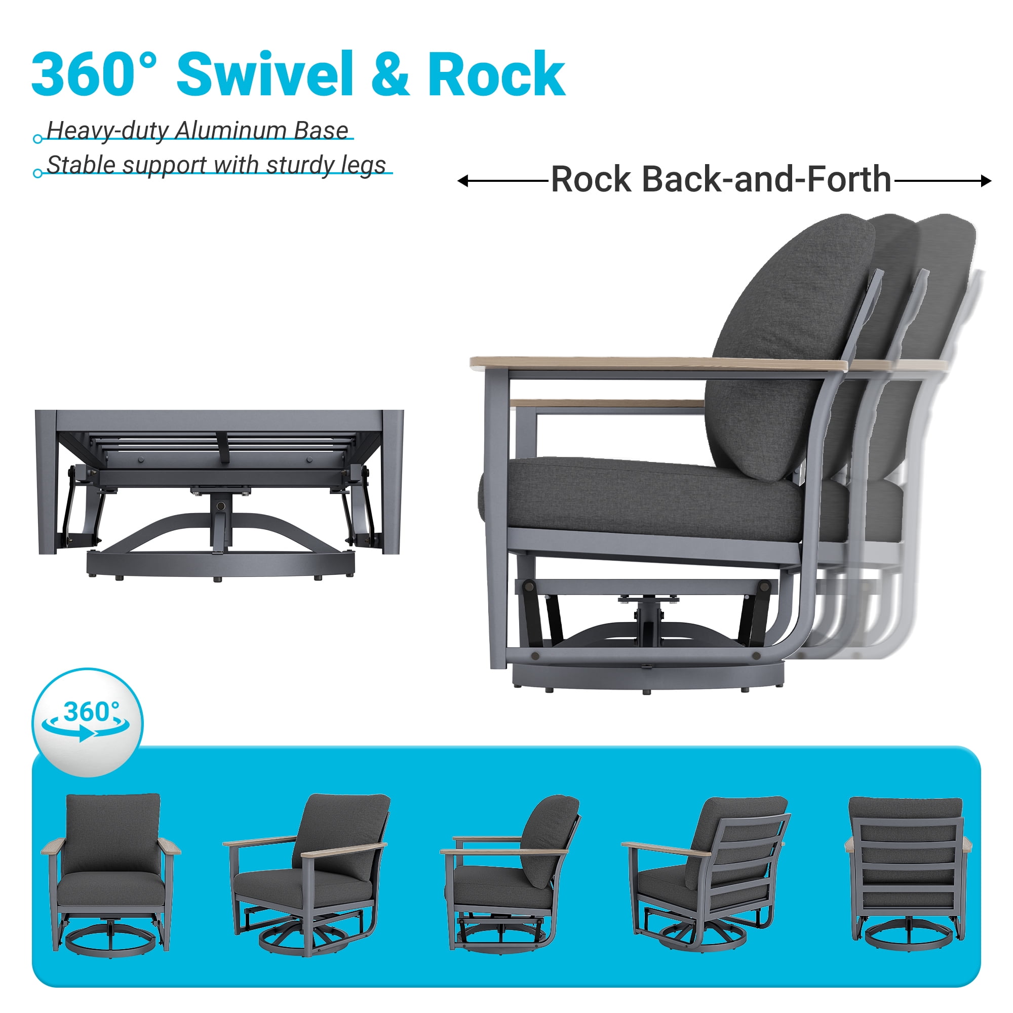 Muphyers 7 Piece Aluminum Patio Furniture Set, All Weather Patio Conversation Sets, Swivel Rocking Chairs and Ottomans, 5.1" Cushions Outdoor Couch for Porch, Garden, Backyard, Deck,Black