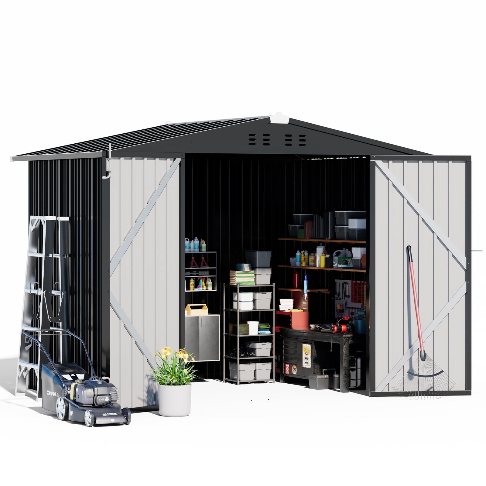 COMHOMA Outdoor Storage Shed 8 x 6 ft Shed with Lockable Door Steel Garden Shed with Air Vent,Gray