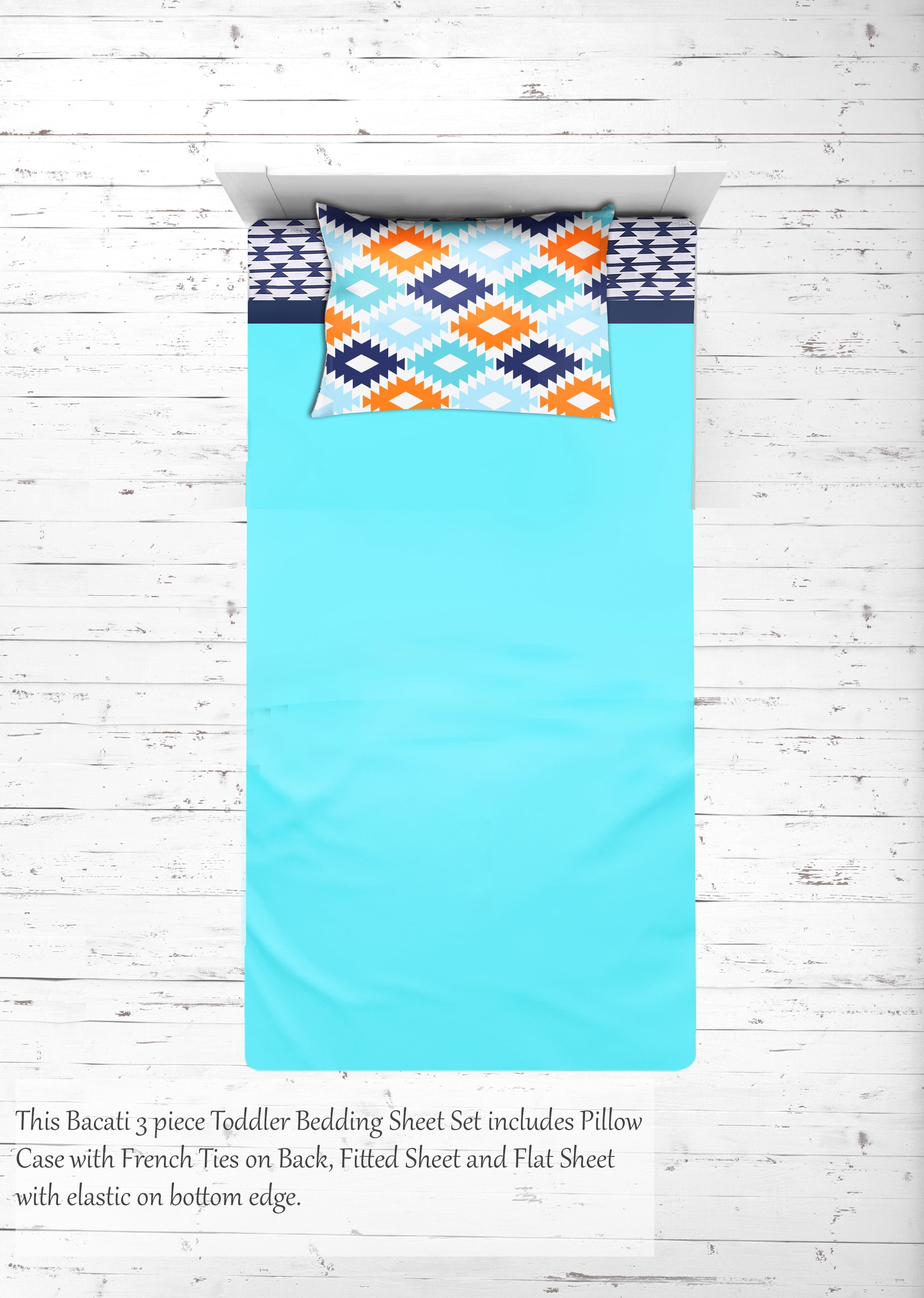 Bacati - Liam Aztec 3-Piece 100% Cotton Percale Toddler Sheet Set, Aqua/Orange/Navy