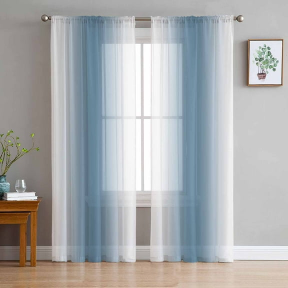 Sheer Curtains 108 Inches Long, Modern Abstract Art Farmhouse Gradient Light Filtering Window Curtains for Living Room, Blue White Ombre Rod Pocket Voile Sheer Curtain Drapes, 52"W x 108"L, 2 Panels