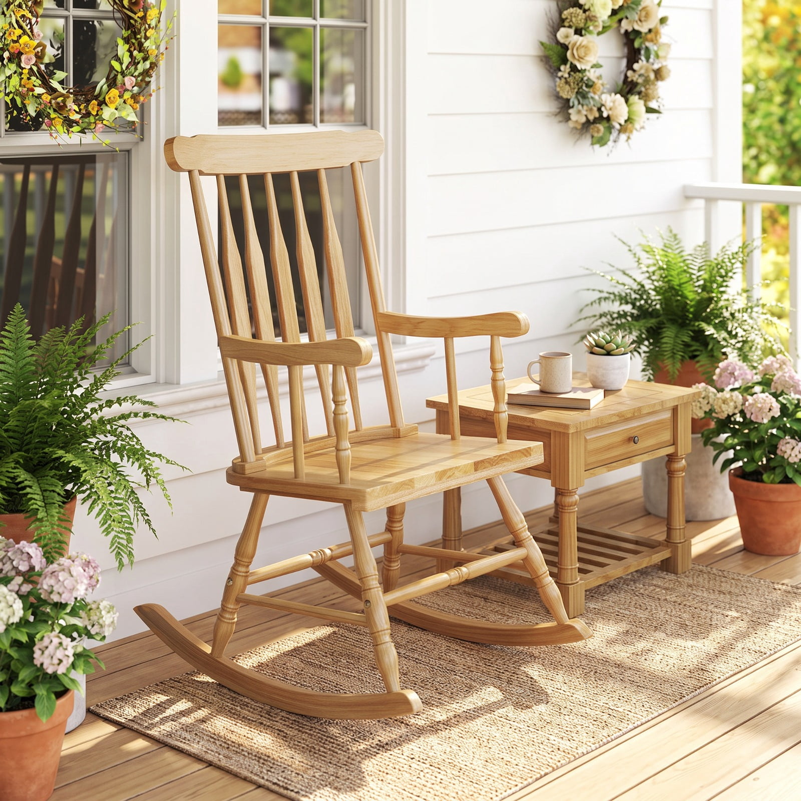 Furnibear Outdoor Rocking Chair Solid Rubber Wood for Outdoor Garden Balcony Natural 300 lbs Capacity