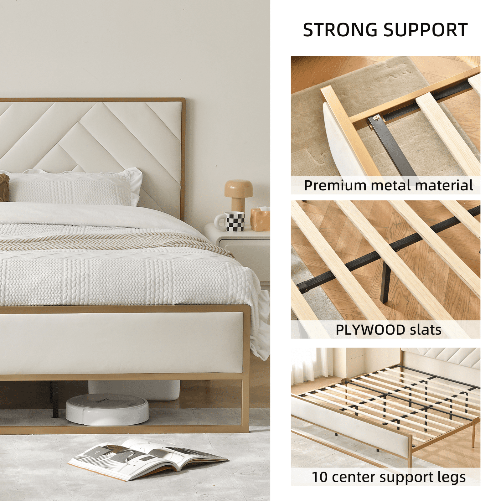 Full Size Bed Frame, Golden Metal Platform Bed Frame with Velvet Upholstered Headboard, Beige