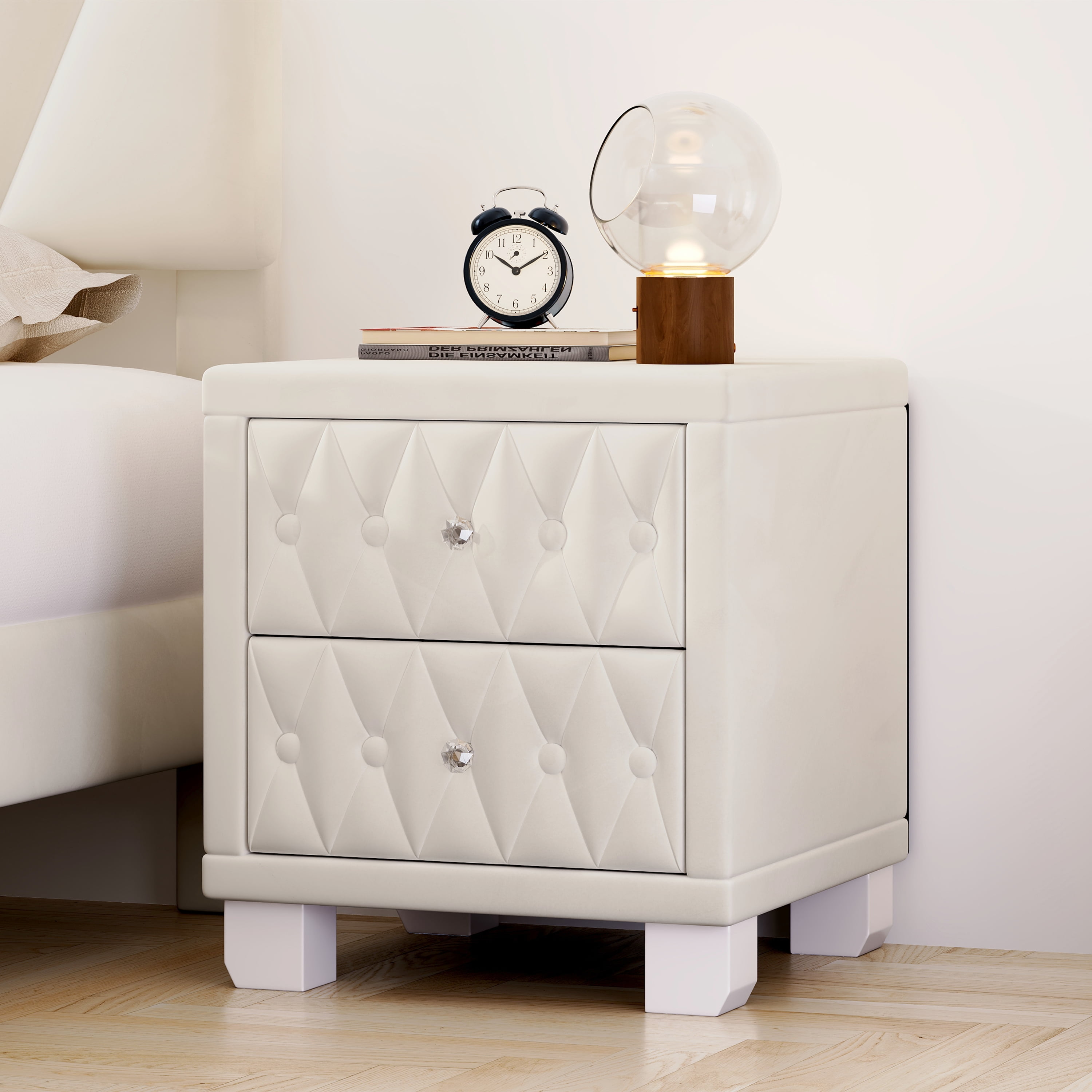 Euroco Velvet Nightstand with 2 Storage Drawers and Crystal Handle,Bedside Table End Table with Button-Tufted for Bedroom Living Room,Beige