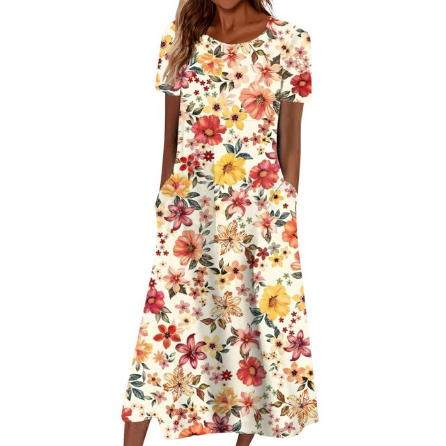 TSADFHJI Jupes en Velours Côtelé pour Femmes Maxi Robe Boho Manches Courtes Col Rond avec Poches Robe Décontractée Imprimée Col Rond Robes de Printemps TG