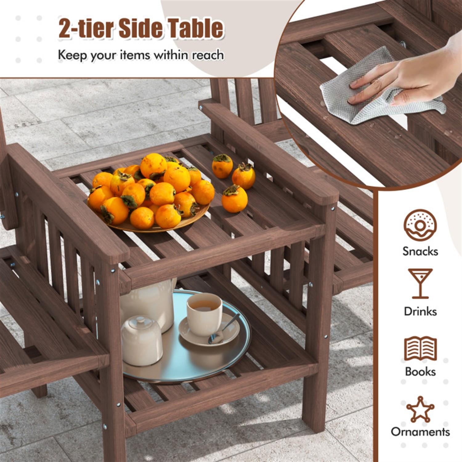 Demi Bonn Outdoor Fir Wood Loveseat with 2-Tier Side Table and 1.96" Umbrella Hole, Conversation Chairs for Garden Poolside Balcony, Brown