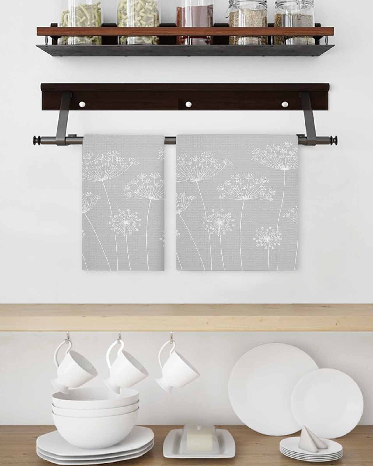 Grey Dandelion Kitchen Dish Towels for Drying Dishes Set of 3, Spring Modern Minimalist Country Flower Waffle Weave Microfiber Hand Tea Bathroom Towels Quick Dry & Absorbent Towel 15.7x23.6