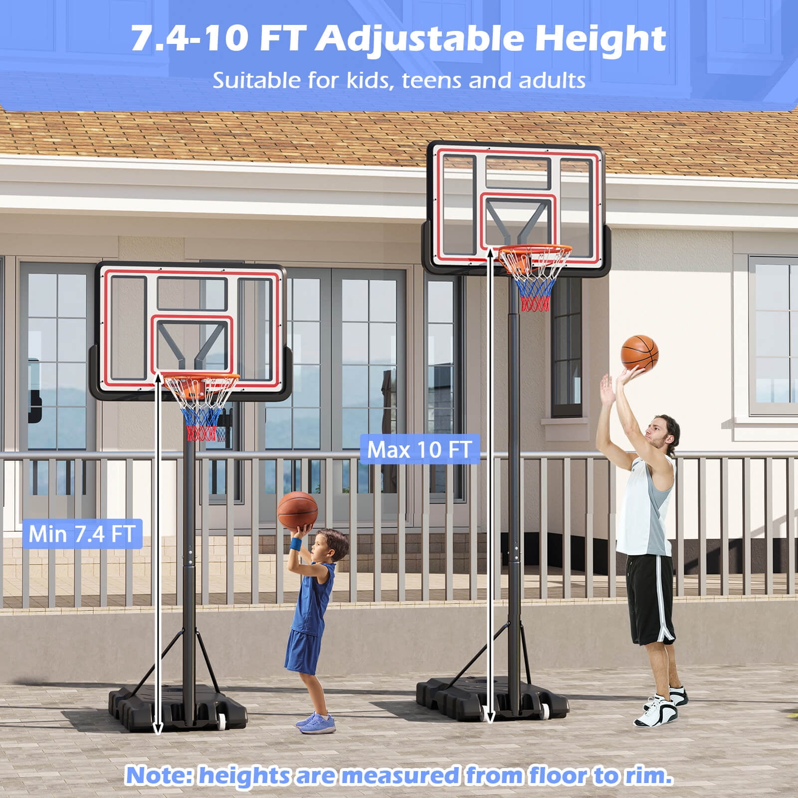 Infans 7.4-10 FT Basketball Hoop Outdoor System w/ 44 Inch Shatterproof PC Backboard