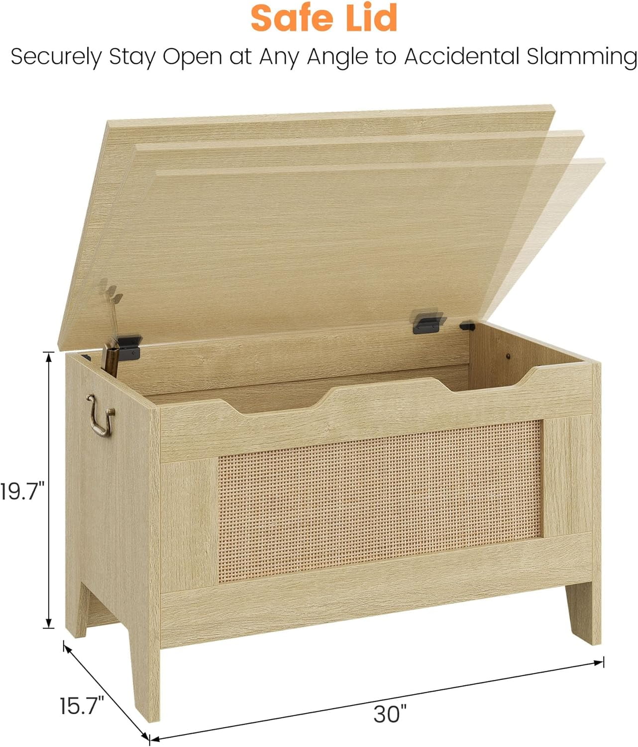 Towallmark Storage Chest, Rattan Toy Chest, 30" Wooden Storage Bench with Safety Hinge, Blanket Chest, Entryway Bench, Supports 350 lb, Storage Trunk for Living Room, Bedroom, Playroom, Natural Oak