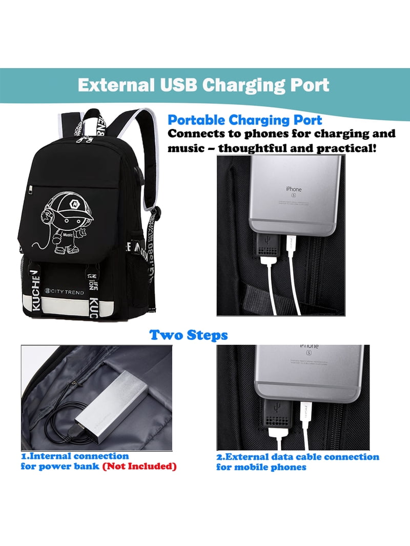 Ficcug 16"" Luminous School Backpack with USB Charger, Waterproof Laptop Bag  - Black" - Walmart.com