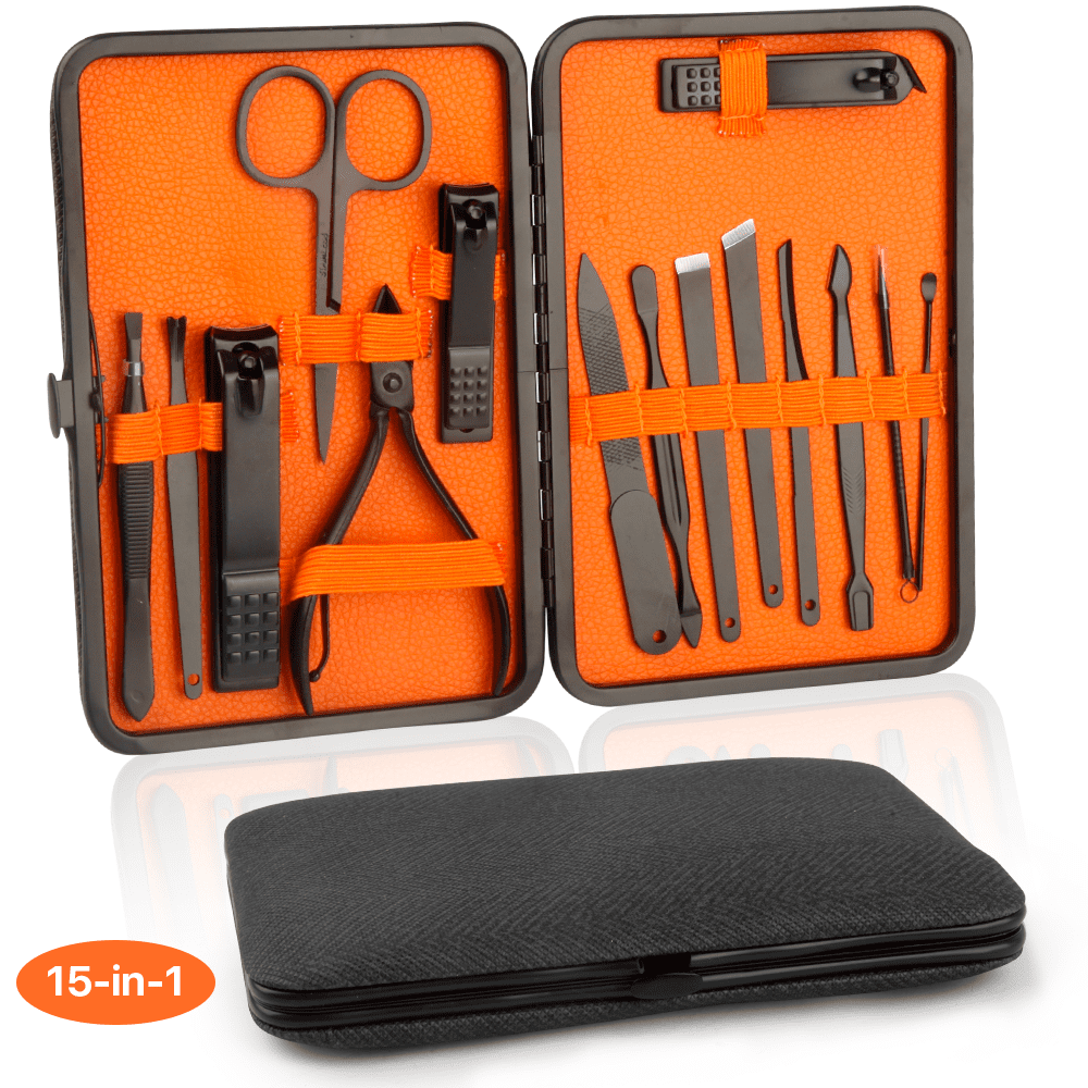 SUPTREE Manicure Set for Women Men Nail Clippers Pedicure Kit Black Stainless Steel for Facial, Cuticle and Nail Care 15-Piece