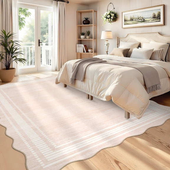 Nanan 8'x10' Modern Scalloped Print Area Rug Soft Solid Color Carpet, Washable Non Slip Indoor Floor Mats for Living Room Bedroom Home Office, Beige