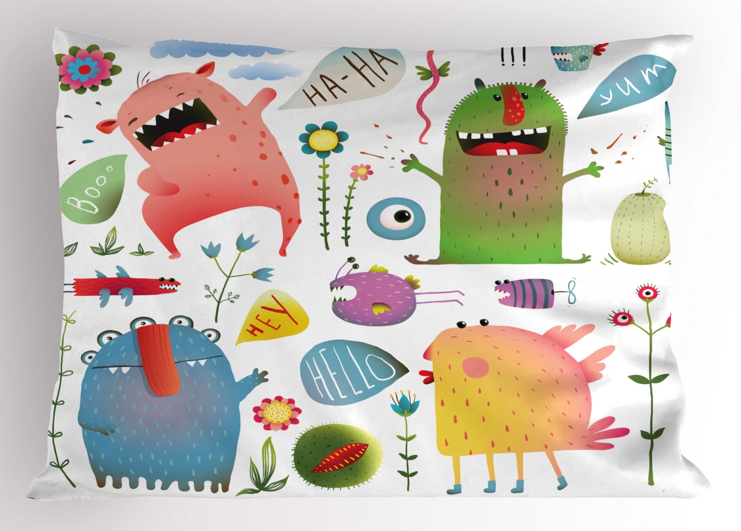 Monster Pillow Sham Cute Alien Creatures Laughing Design with Flowers Children Cartoon Illustration, Decorative Standard Queen Size Printed Pillowcase, 30 X 20 Inches, Multicolor, by Ambesonne