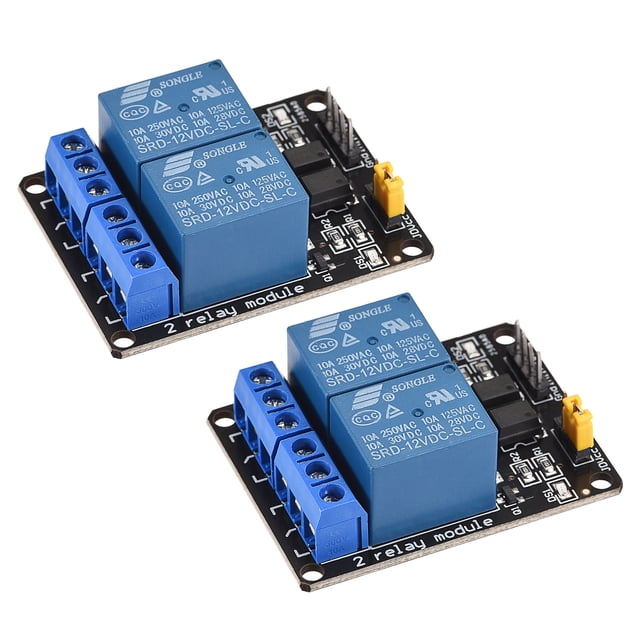 relé módulo 2 canal 12v bajo nivel disparador módulo negro relé módulo placa para dsp 2 paquete Placa negra con dos relés azules SRD-12VDC-SL-C en vista 3/4 frontal; bloque de bornes azules de cuatro tornillos, pines de disparo activo a bajo nivel y conector amarillo, serigrafía "2 relay module" en PCB, dimensiones ~51 mm x 39 mm (2" x 1.54"), indicado para control MCU, DSP y automatización del hogar; frecuentemente usado para conmutar cargas hasta 10 A y adecuado para pruebas y prototipos de control doméstico.