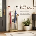 thumbnail image 4 of Metal Umbrella Stand, Umbrella Holder with Drip Tray and Hooks, Gold Walking Stick Stand for Entryway Hallway Hotel Lobby Office, 11.8 x 5.9 x 23.6 Inch, 4 of 7