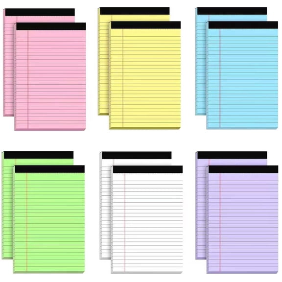 12 Pack Colored Legal Pads (5" x 8") ，80GSM Thick Lined Writing Pads, Perforated Tear-Off Pages, Assorted Colors (White/Pink/Blue/Green/Purple/Yellow), Bulk Notepads for Office & To-Do Lists