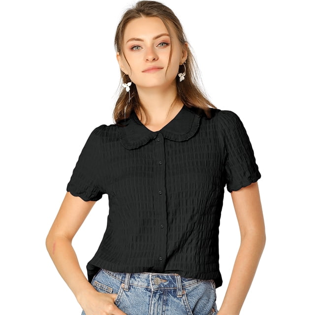 Camisa de Manga Corta Suave con Botones y Cuello Peter Pan Allegra K Negro S