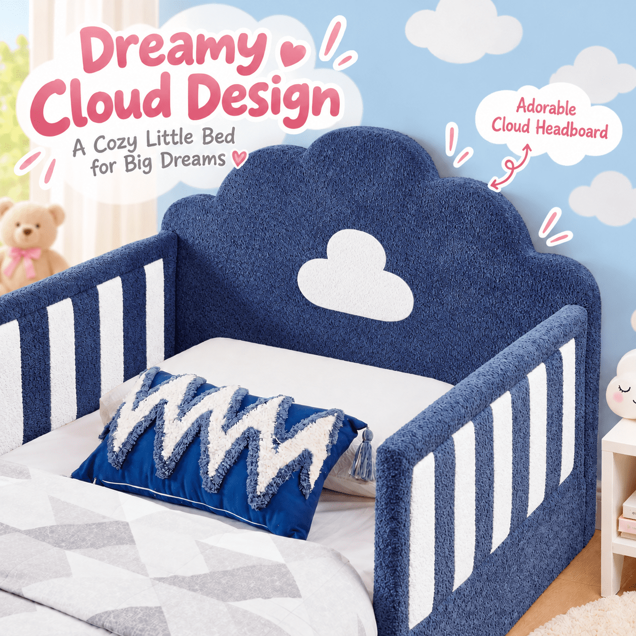 Wakefit Twin Size Kids Cloud Bed with Safety Guardrails,Boucle Upholstered Platform Bed Frame with Wood Slats,Cute Daybed for Girls Boys Bedroom,Sky Blue