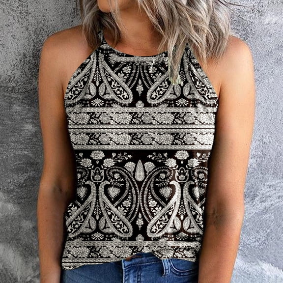 Cathalem Long Tunic Women Vintage Series Print Slim Fit O Neck Halter TShirt Top Vests Tank Sleeveless Blouse Crop Tops Vest Black X-Large