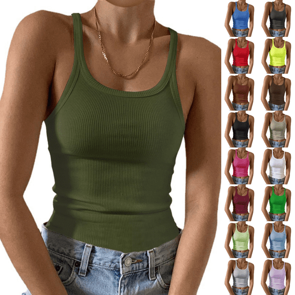 Sleeveless Tank Top for Women Spaghetti Strap Form Slim Fitting Scoop Neck Ribbed Knit Basic Cami Shirts Army Green L