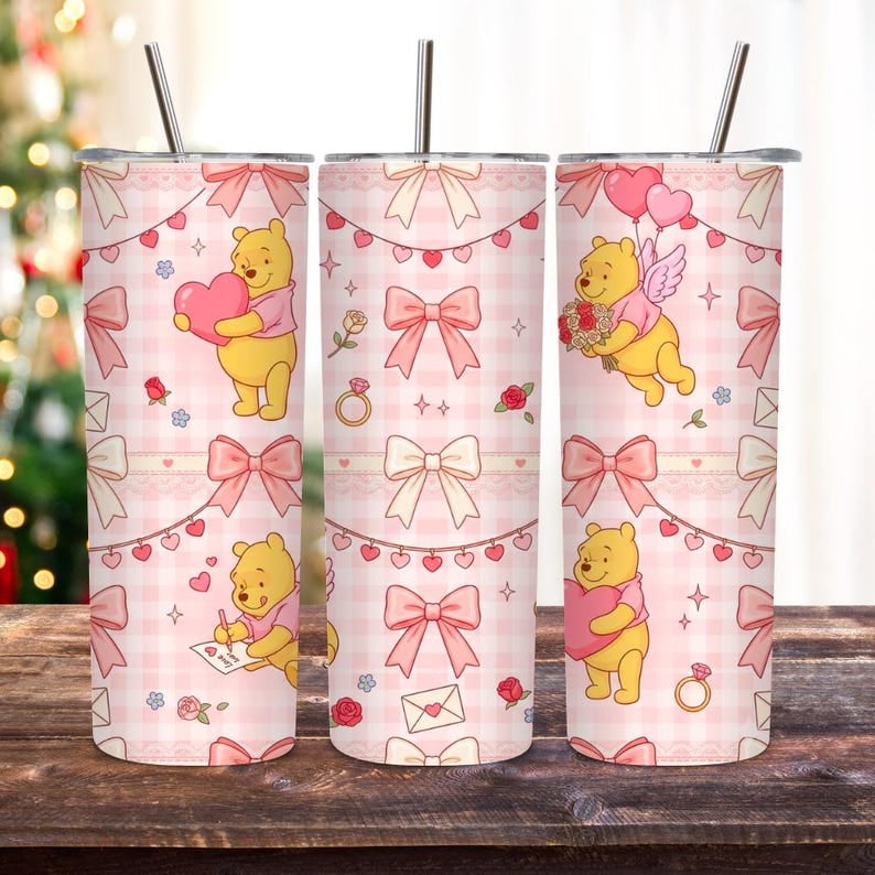 Valentine Bear Tumbler Wrap PNG | Cute Cartoon 20oz Skinny Tumbler Design | Pink Valentine Cup Decal&nbsp;