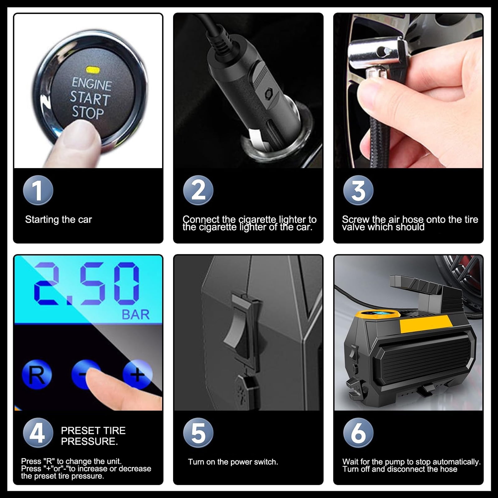 HJDWQN 12V Air Compressor Tire Inflator with Flash-Light - Black