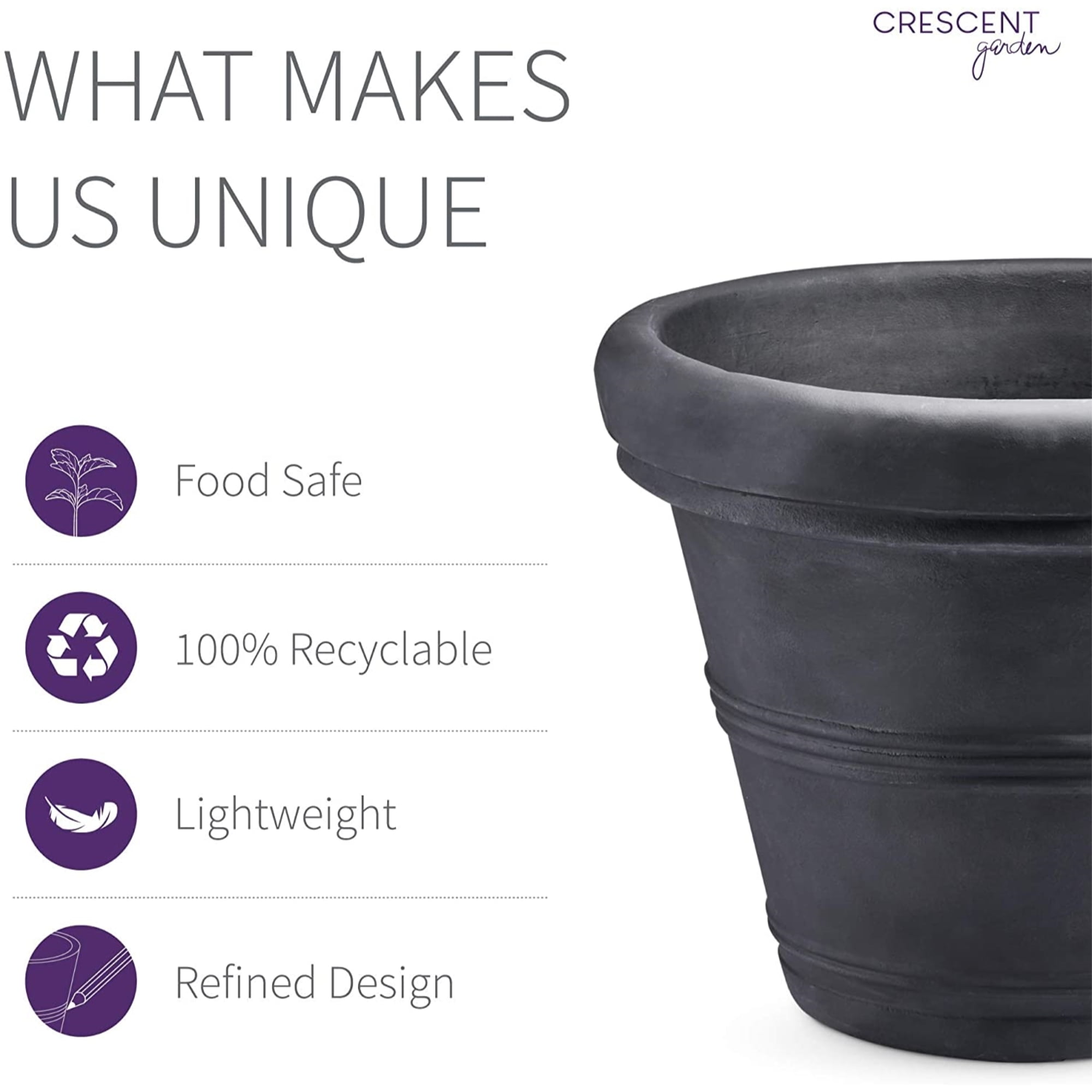 Crescent Garden Brunello Classic Rolled-Rim Plant Pot, 27" (Caviar Black)