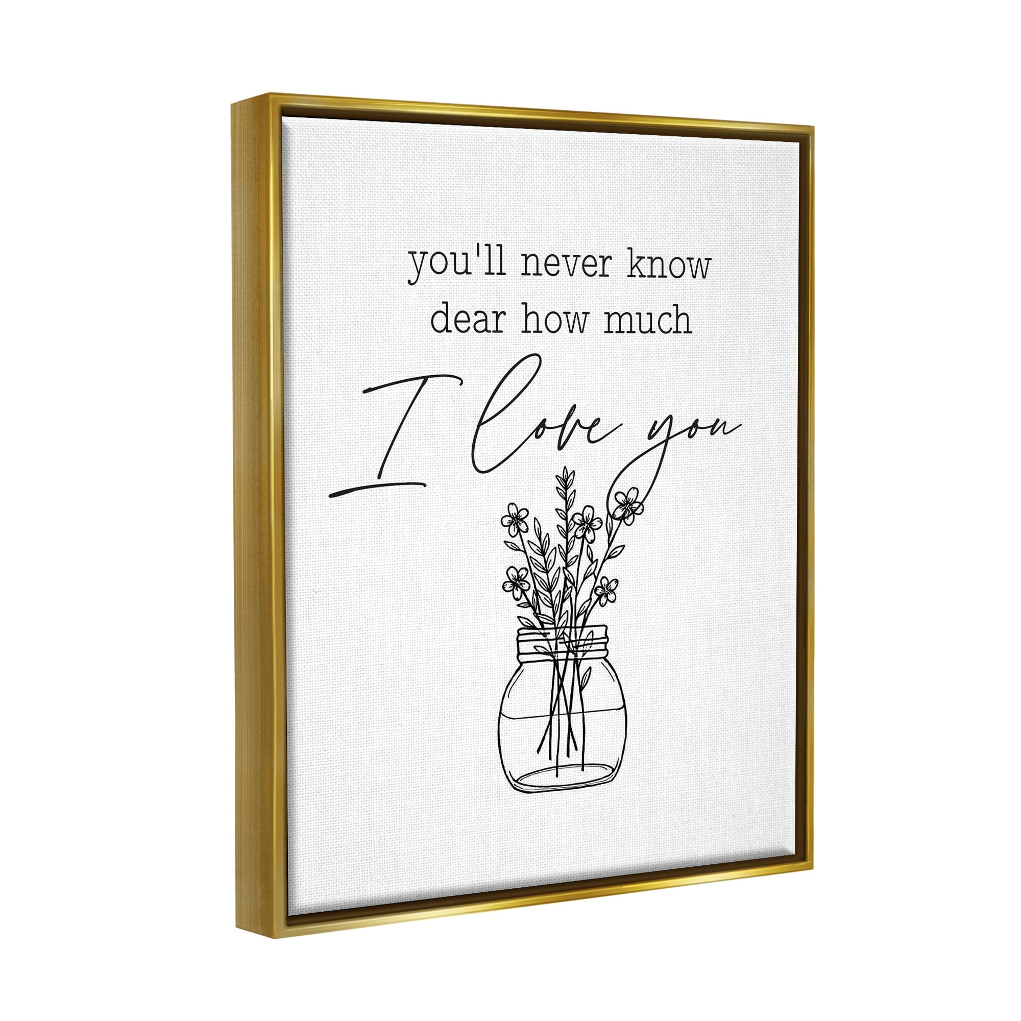Stupell Industries I Love You Simple Daisy Botanical Outline Bouquet Graphic Art Metallic Gold Floating Framed Canvas Print Wall Art, Design by Lettered and Lined