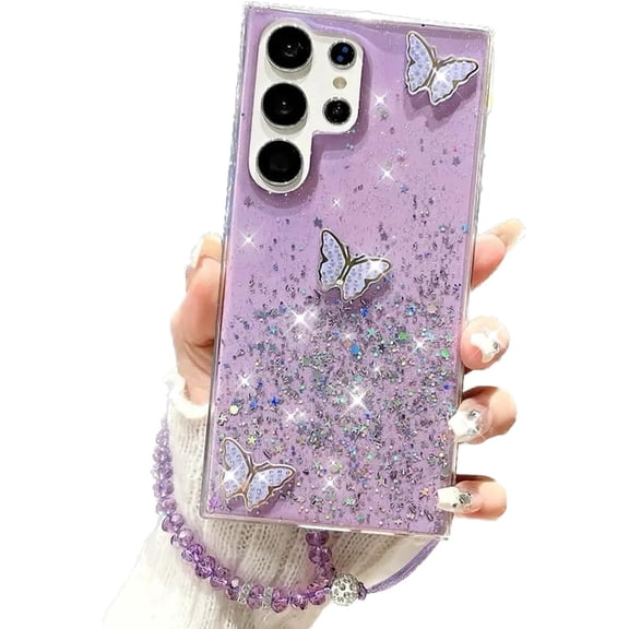 for Samsung Galaxy S24 Ultra Bling Case with Lanyard, Cute 3D Butterfly Glitter Soft Gel Woman Girly Sparkle Shiny Slim Thin Phone Cover Wrist Strap for Samsung Galaxy S24 Ultra (Purple)