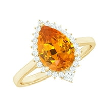 Rosec Jewels Pear Shaped Lab Grown Orange Sapphire Cocktail Ring with Diamond Halo - AAAA Grade, 14K Yellow Gold, US 10.50