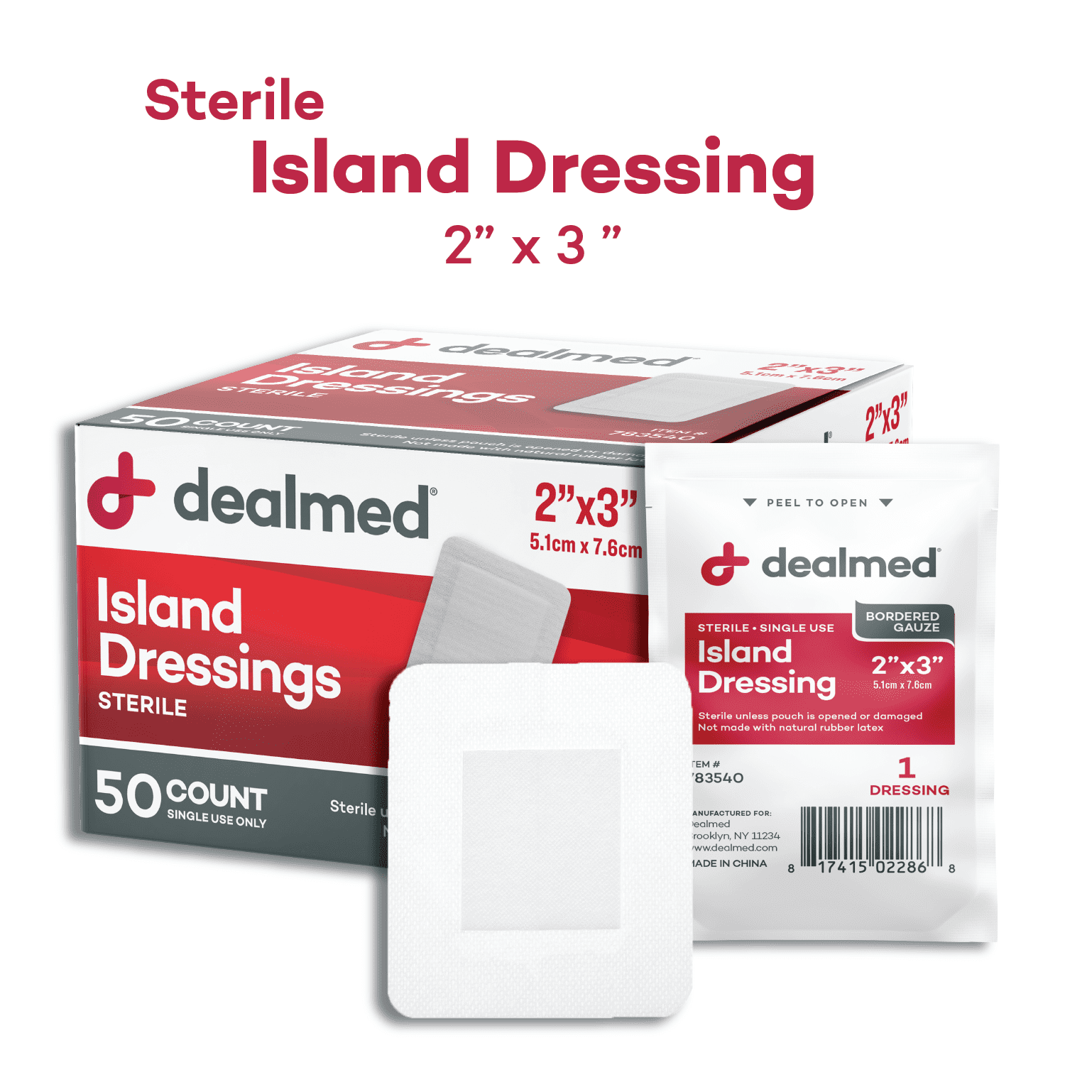 Dealmed Bordered Gauze Island Dressing, Sterile, Individually Wrapped with Adhesive Borders and Non-Stick Pad, 2" x 3", 50/Box (Pack of 8)