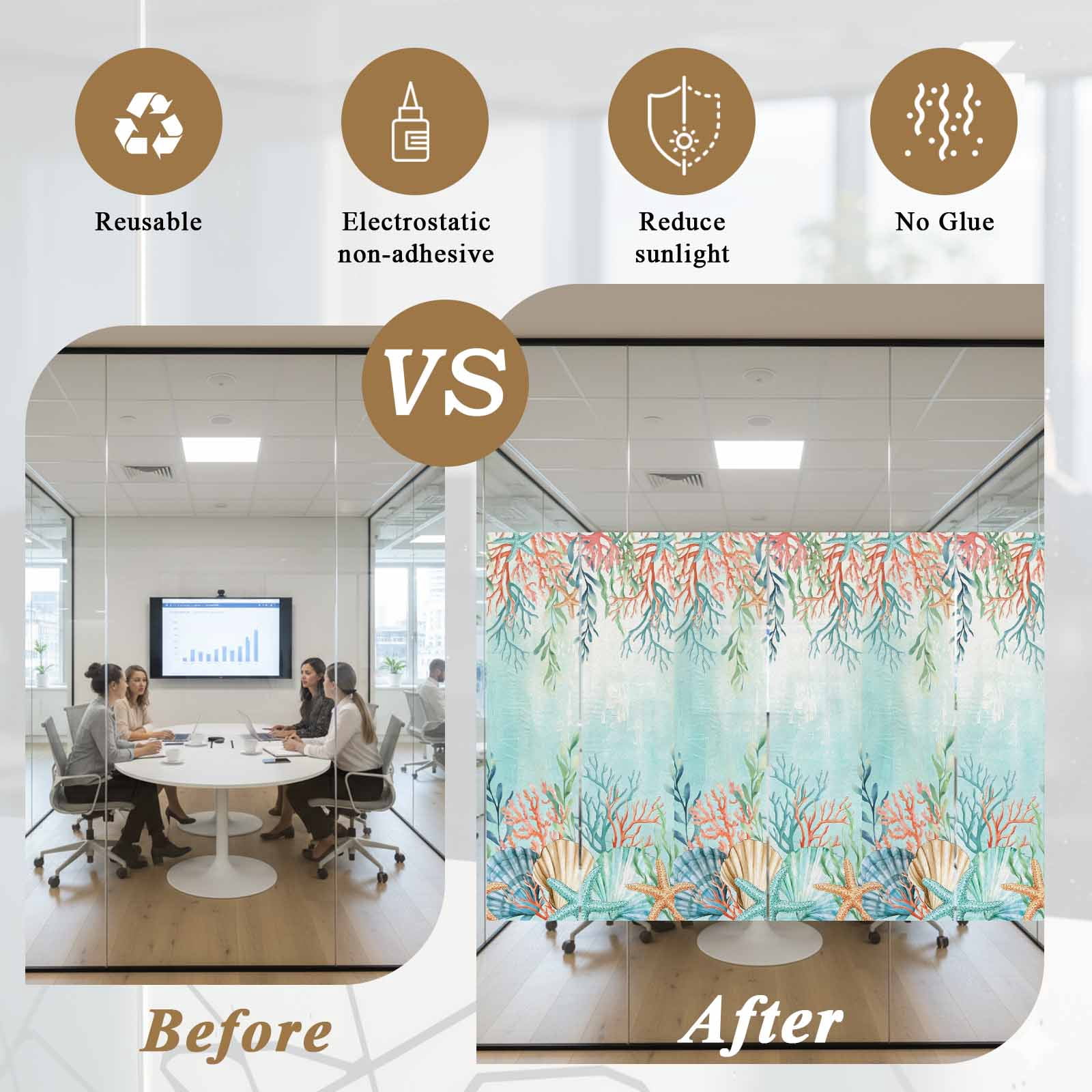 Ocean Starfish Seaweed Window Privacy Film, Summer Coastal Beach Shell Coral Teal Static Cling UV Sun Blocking Heat Control Window Tint Day and Night, Non-Adhesive One Way Privacy Cover 35.4''x78.7''