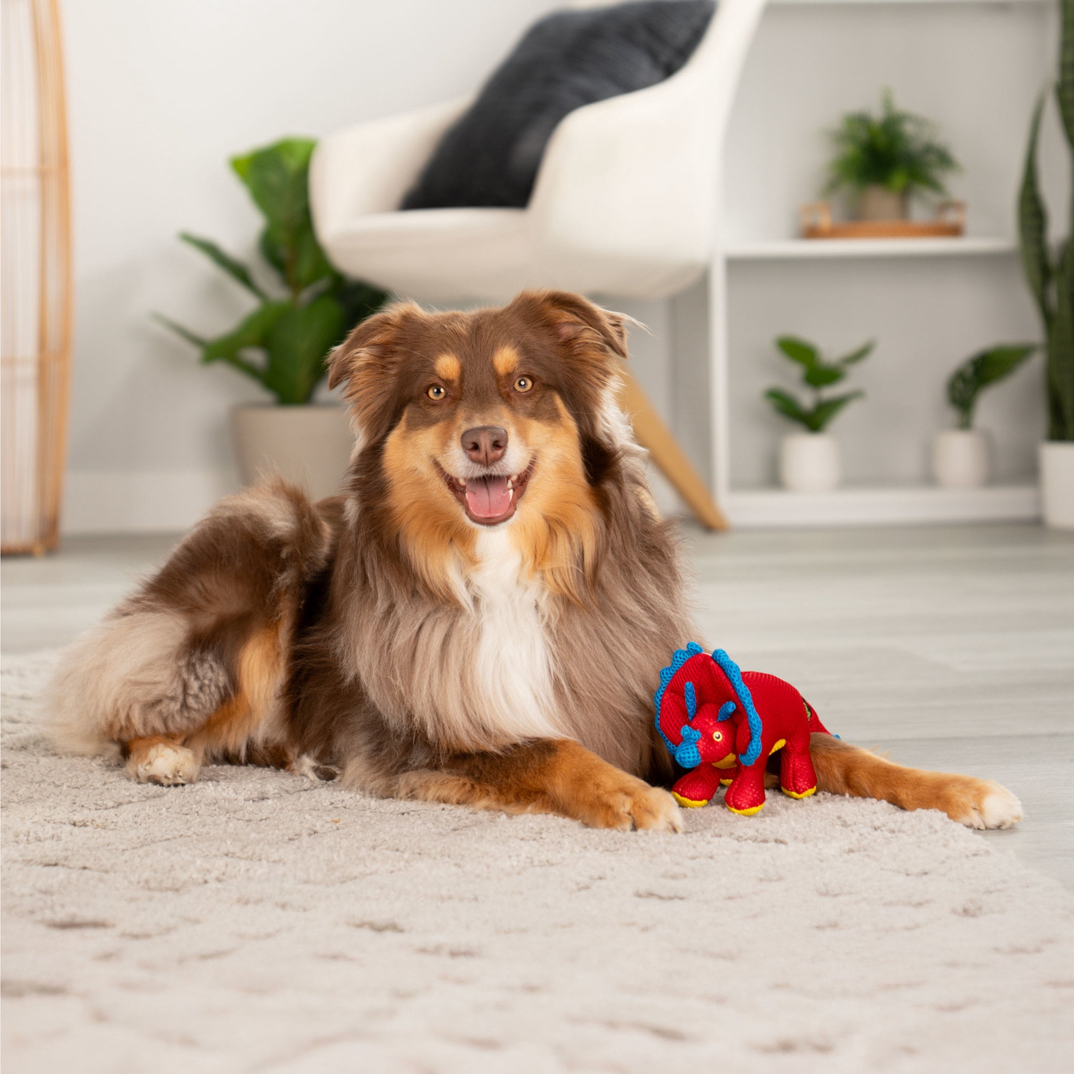 goDog Double Chew Guard Technology Dino Frills Squeaky Plush Dog Toy, Red, Small