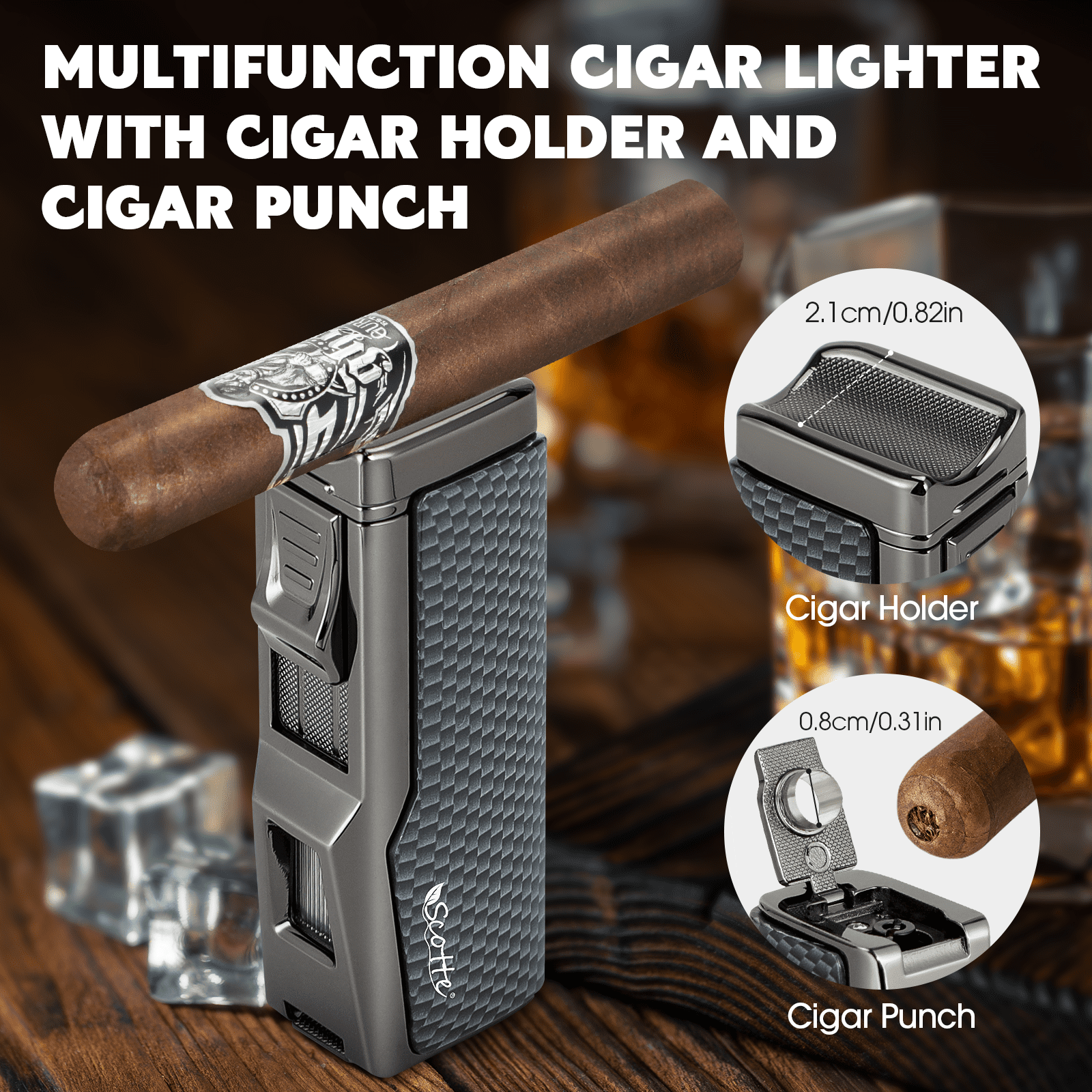 Travel Cigar Humidor Box Leather Cigar Case with Cigar Lighter Cedar Wood Lined Hygrometer & Humidifier, Cigar Holder Cigar Punch Portable Cigar Humidor Kit Gift for Men(No Butane),Hold 7 Cigars