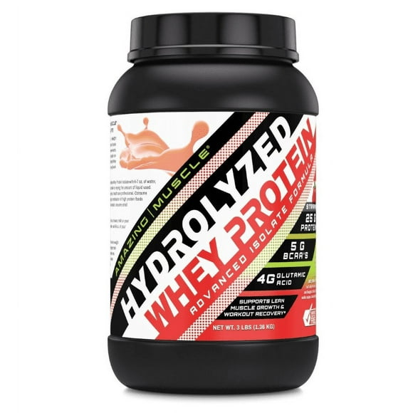 Amazing Muscle Hydrolyzed Whey Protein Isolate Supplement | Strawberry Flavor | 25 G per Serving | 3 LB (1.36 Kg) | Made in USA
