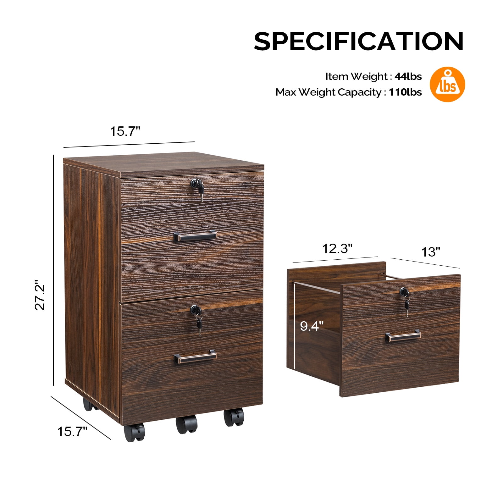 Ktaxon 2-Drawer Rolling Wood File Cabinet with Lock, Portable Vertical Mobile Wooden Storage Filing Cabinet for Home Office,Brown Coffee