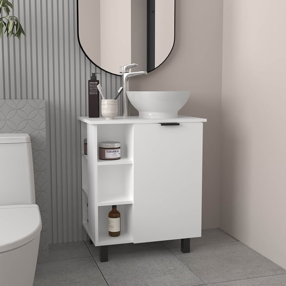 Vanity With Sink, Allegra Vessel Sink Vanity With One Door Storage And Open Shelves, Freestanding Bathroom Cabinet, White, White Bathroom Vanity,Mdf Single Sink Vanity