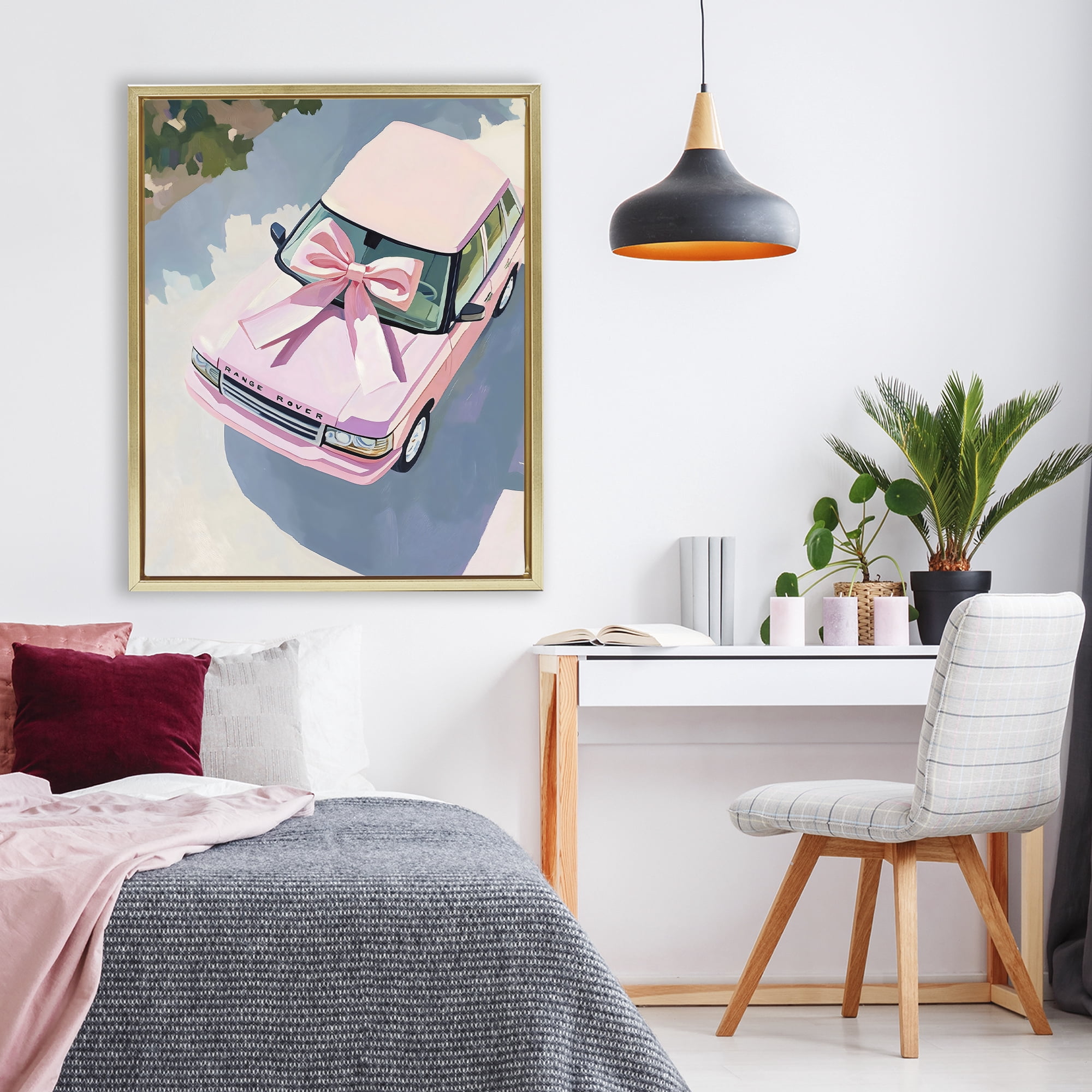 Stupell Industries Pink Luxury Rover with Ribbon Gold Framed Floater Canvas Wall Art, design by The Prints Vibe