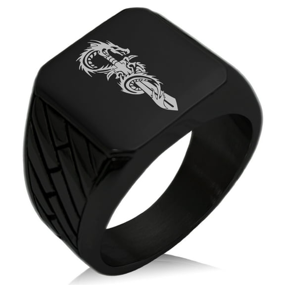 Stainless Steel Exalted Dragon Blade Geometric Pattern Biker Style Polished Ring