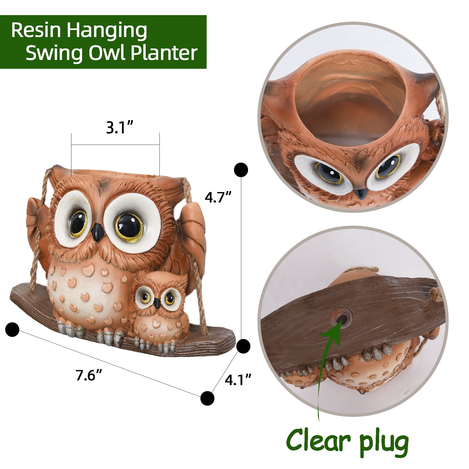 Quoowiit Small Swing Owl Planter Pot,Hanging Planters for Indoor Outdoor Plants with Drainage Holes
