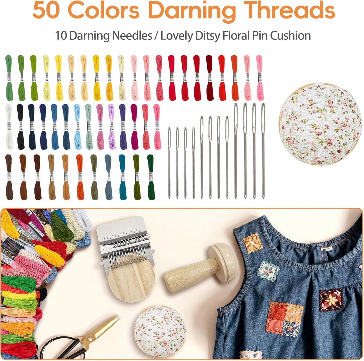 Mini Darning Loom and Knit Repair Kit with 50 Color Threads, Needles, Hooks for Mending Jeans, Socks, DIY Craft
