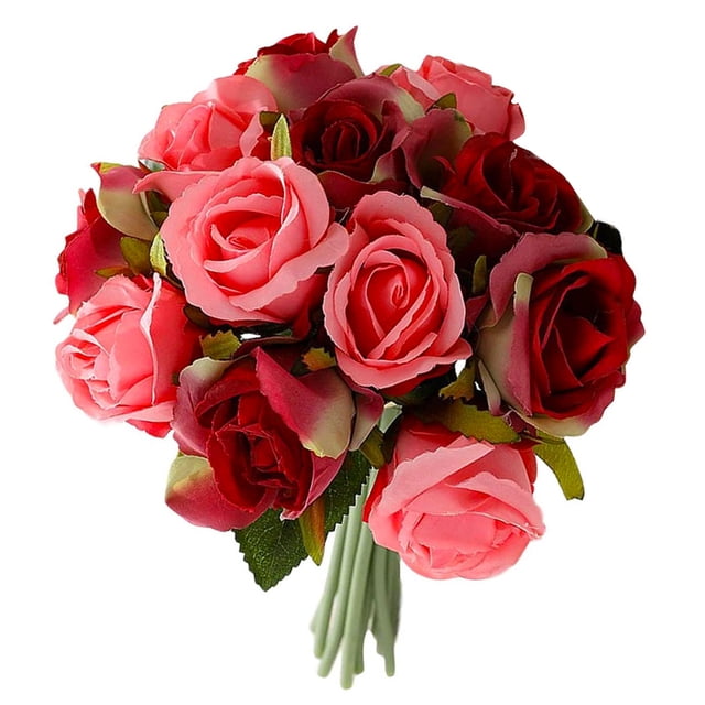 Inteprter Ramo de rosas artificiales de 12 cabezas, ramo de simulación romántico, ramo de flores para boda en casa, ramo de novia, accesorios de Flores artificiales Rosa roja Inteprter HA7941-05B